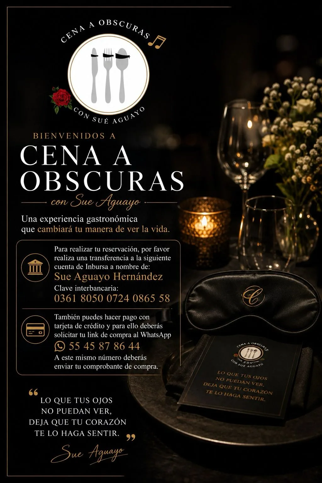 Identidad visual de Cena a Oscuras con Sué Aguayo